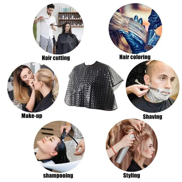 Alt view image 7 of 7 - Short Waterproof Hair Dye Cape, Salon Cover for Hair Color,Shampoo | Bleach & Chemical Proof Plastic Shower Apron for Makeup Artists Comb-out Beard Shaving Bib for Beauty Supplies Black