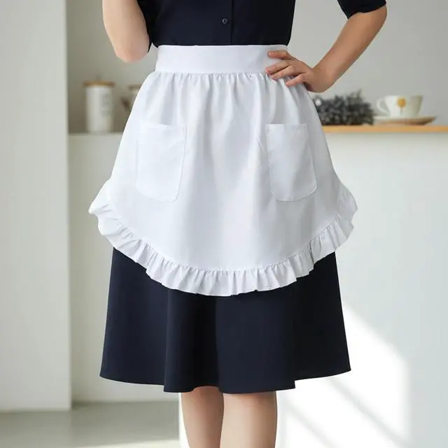 Alt view image 7 of 7 - Cosplay Waist Apron, White Aprons for Women with Pockets Cute Ruffle Maid Half Apron for Women Girls Party Cosplay Costumes Dress Accessory Kitchen Party Favors Cooking Gardening