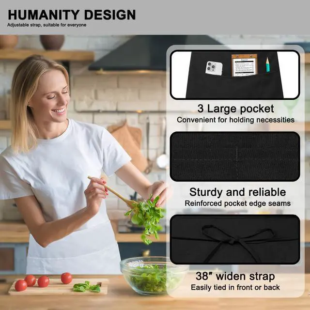 Alt view image 2 of 7 - 1P Black Server Apron with 3 Pockets, Short Waist Waitress Apron | Polyester Short Waiter Apron with 3 Deep Pockets, Great for Restaurant Servers, Bartenders, Hosts, Baristas