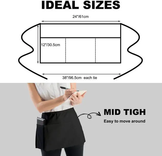 Alt view image 4 of 7 - 1P Black Server Apron with 3 Pockets, Short Waist Waitress Apron | Polyester Short Waiter Apron with 3 Deep Pockets, Great for Restaurant Servers, Bartenders, Hosts, Baristas