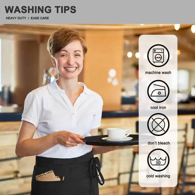 Alt view image 7 of 7 - 1P Black Server Apron with 3 Pockets, Short Waist Waitress Apron | Polyester Short Waiter Apron with 3 Deep Pockets, Great for Restaurant Servers, Bartenders, Hosts, Baristas