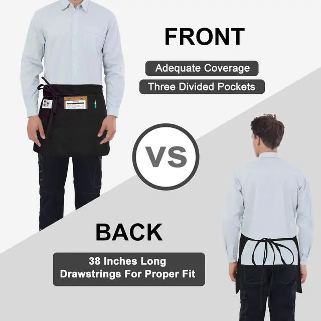 Alt view image 5 of 7 - 1P Black Server Apron with 3 Pockets, Short Waist Waitress Apron | Polyester Short Waiter Apron with 3 Deep Pockets, Great for Restaurant Servers, Bartenders, Hosts, Baristas