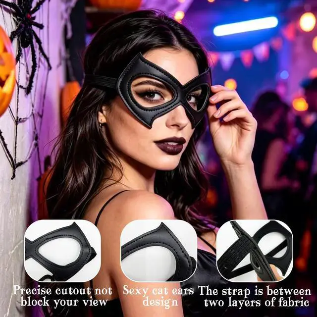 Alt view image 5 of 7 - 2 Pack Cat Mask for Women Halloween Black Masquerade Eye Mask Costume | Oversized Wide Design 7.1*3.9in, Adjustable Strap, Double Layer Fabric, Halloween Costume Accessories, One Size Fits All