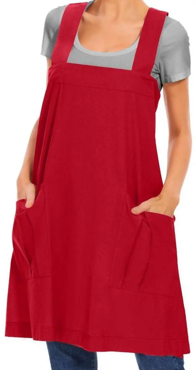 Main image of Women's Cotton Cross Back Apron Pinafore Dress with Big Pockets Loose Square Apron for Baking Cooking Gardening