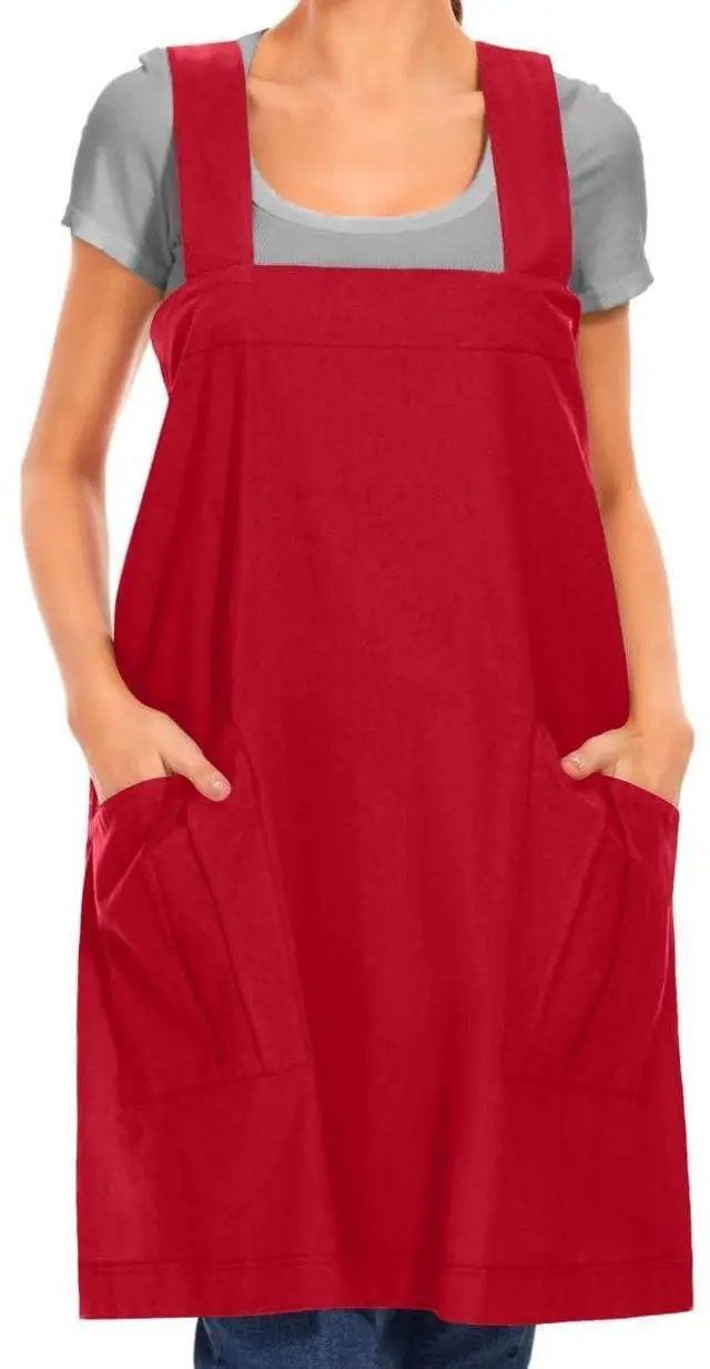 Alt view image 2 of 7 - Women's Cotton Cross Back Apron Pinafore Dress with Big Pockets Loose Square Apron for Baking Cooking Gardening
