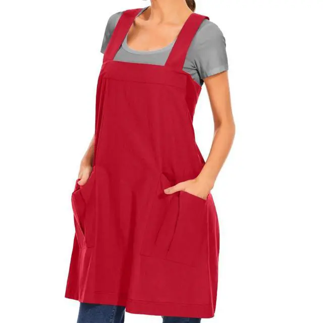 Alt view image 4 of 7 - Women's Cotton Cross Back Apron Pinafore Dress with Big Pockets Loose Square Apron for Baking Cooking Gardening