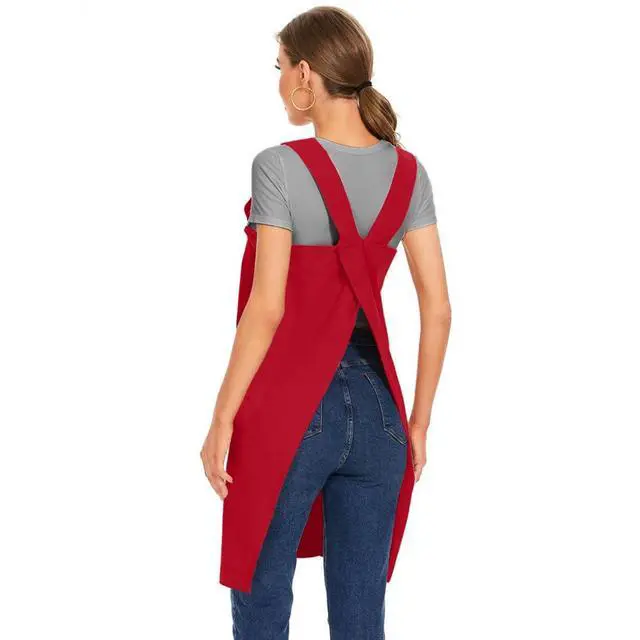 Alt view image 5 of 7 - Women's Cotton Cross Back Apron Pinafore Dress with Big Pockets Loose Square Apron for Baking Cooking Gardening