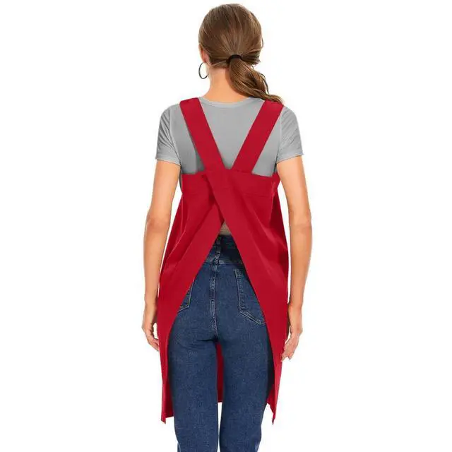 Alt view image 6 of 7 - Women's Cotton Cross Back Apron Pinafore Dress with Big Pockets Loose Square Apron for Baking Cooking Gardening