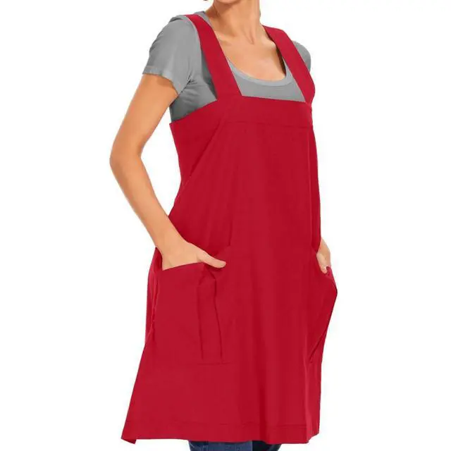 Alt view image 3 of 7 - Women's Cotton Cross Back Apron Pinafore Dress with Big Pockets Loose Square Apron for Baking Cooking Gardening