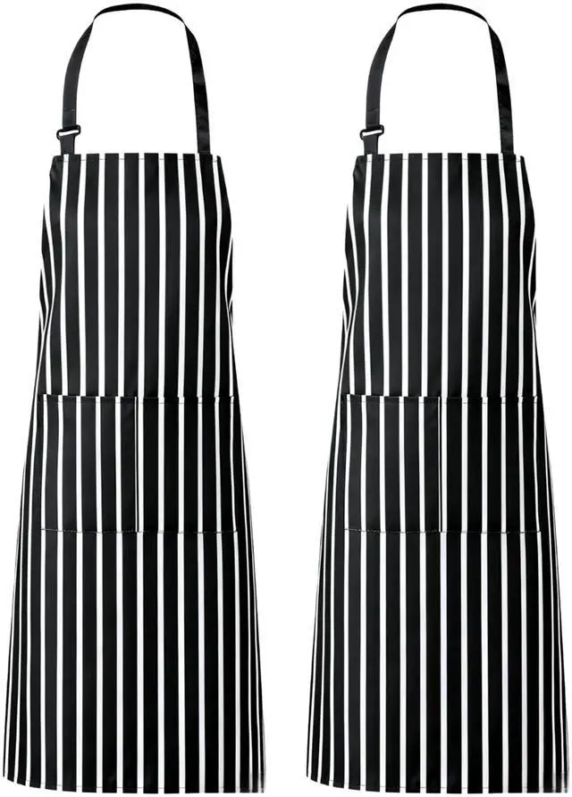 Main image of 2 Pack Aprons with Pockets for Women Men Adjustable Bib Chef Apron for Kitchen Cooking BBQ Restaurant Stripe Black White