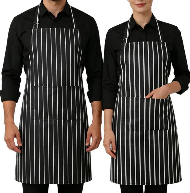 Alt view image 2 of 6 - 2 Pack Aprons with Pockets for Women Men Adjustable Bib Chef Apron for Kitchen Cooking BBQ Restaurant Stripe Black White