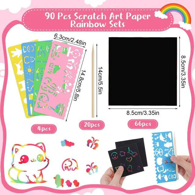 Alt view image 2 of 7 - Scratch Art Paper Set, 90 Pcs, Rainbow, 3.35 x 3.35 in | 66 Scratch Sheets, 20 Wooden Sticks, 4 Reusable Stencils, Thick Paper, Easy for Kids, Classroom and Party Crafts