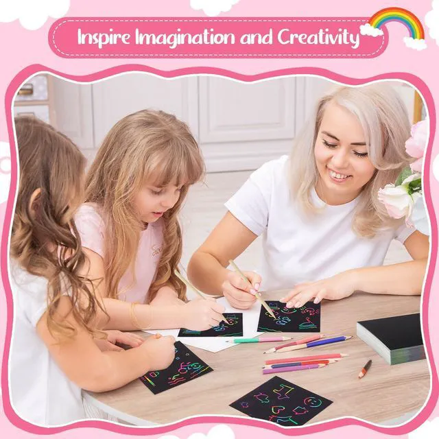 Alt view image 4 of 7 - Scratch Art Paper Set, 90 Pcs, Rainbow, 3.35 x 3.35 in | 66 Scratch Sheets, 20 Wooden Sticks, 4 Reusable Stencils, Thick Paper, Easy for Kids, Classroom and Party Crafts