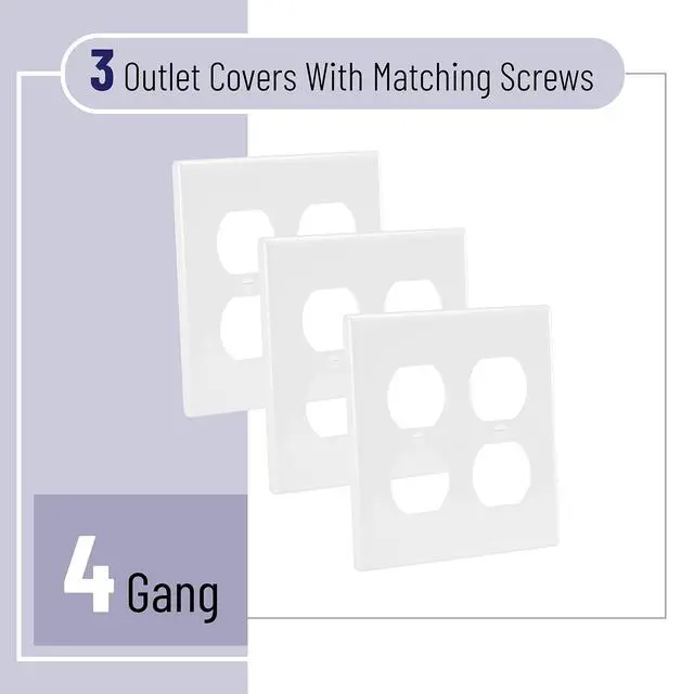 Alt view image 2 of 7 - Double Duplex Wall Plate, 3 Pack, White, Duplex Outlet Cover, Double Receptacle, Dual Gang Cover