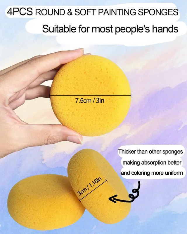 Alt view image 2 of 7 - 4 Pcs 3 Inch Round Painting Sponge Artist Pottery Clay Art Crafts | Synthetic reusable elasticity soft yellow sponges for acrylic watercolor face, ceramics sculpting, leather care & shoes