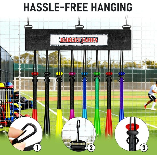 Alt view image 4 of 6 - 1Pcs Dugout Organizer, Baseball Softball Bat Holder Wall Mount with 3 Fence Hooks 8 Hanging Strap and Name Tag, Bat Rack Accessories for Dugout Fence Team Coach Players Gifts