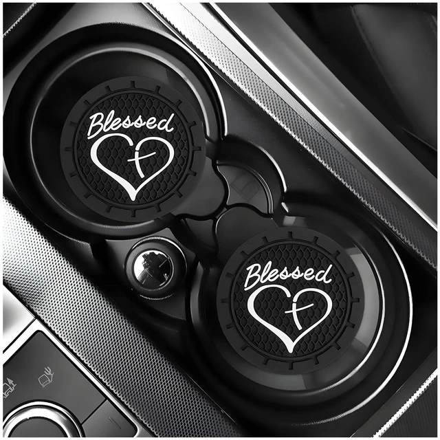 Main image of 2 PCS Car Cup Holder Coasters, 2.76 Inch Anti Slip Vehicle Drink Mats with Cute Blessed Cross and Heart, Shockproof, Universal Car Accessories (Black, 2 PCS)