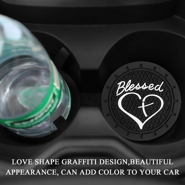 Alt view image 3 of 6 - 2 PCS Car Cup Holder Coasters, 2.76 Inch Anti Slip Vehicle Drink Mats with Cute Blessed Cross and Heart, Shockproof, Universal Car Accessories (Black, 2 PCS)