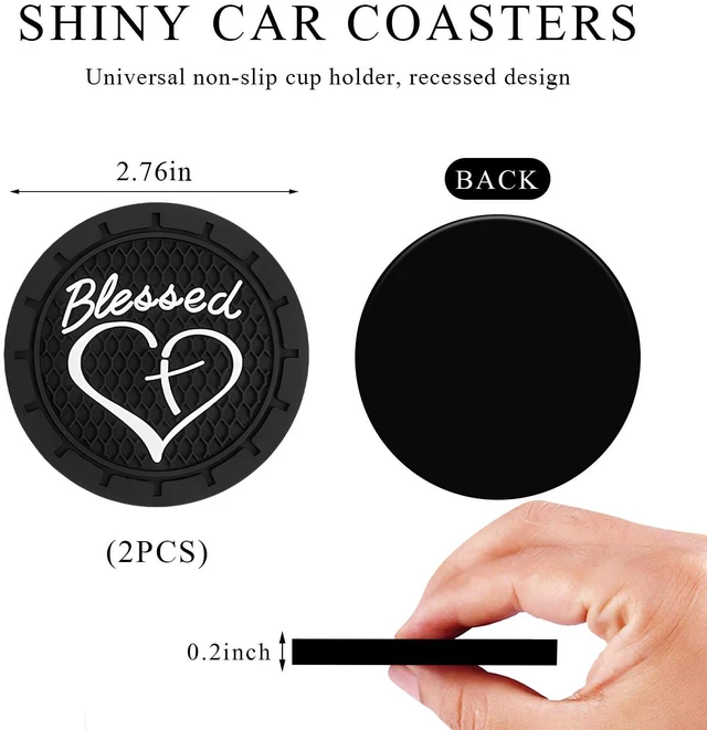 Alt view image 2 of 6 - 2 PCS Car Cup Holder Coasters, 2.76 Inch Anti Slip Vehicle Drink Mats with Cute Blessed Cross and Heart, Shockproof, Universal Car Accessories (Black, 2 PCS)