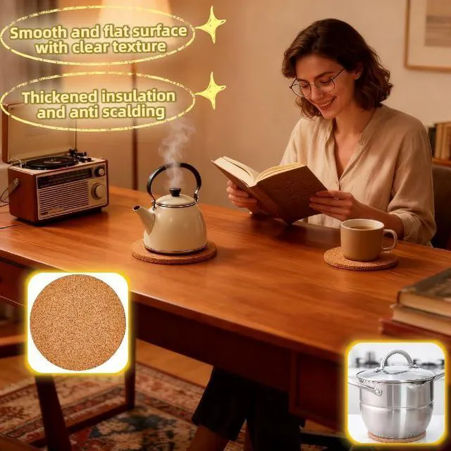 Alt view image 6 of 7 - 3-Pack 4" Cork Trivets for Hot Pots & Pans, Thick Heat Resistant Pads - Protect Countertops from Burns, Natural Kitchen Hot Pad, Rustic Farmhouse Decor,10mm Thick Heat Resistant Coasters