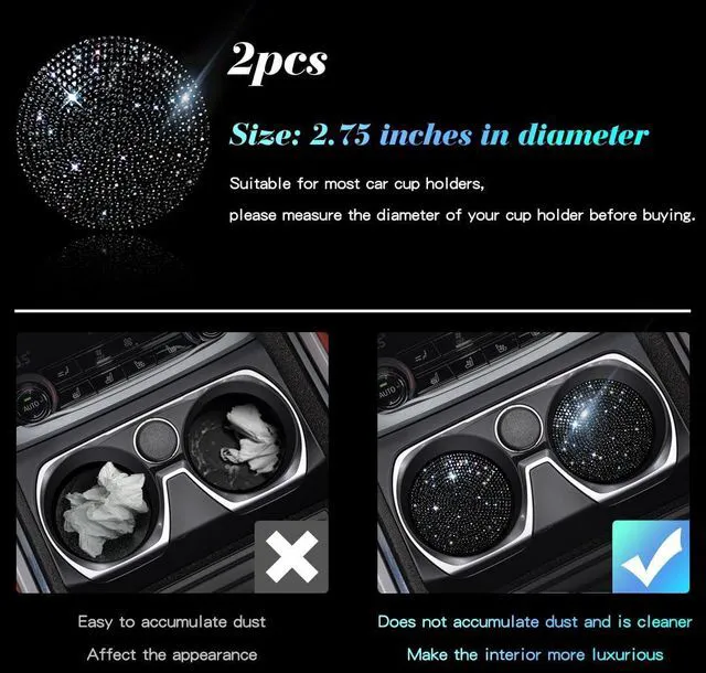 Alt view image 2 of 6 - 2 PCS Universal Vehicle Bling Cup Holder Insert Coaster Car Interior Accessories,2.75 inch Silicone Anti Slip Crystal Rhinestone Car Coaster(Black)