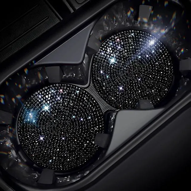 Main image of 2 PCS Universal Vehicle Bling Cup Holder Insert Coaster Car Interior Accessories,2.75 inch Silicone Anti Slip Crystal Rhinestone Car Coaster(Black)