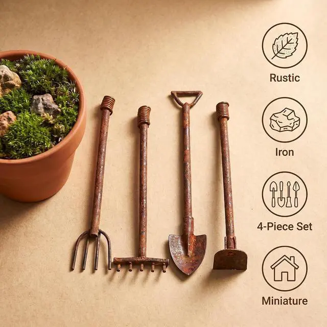 Alt view image 5 of 7 - 4 Pcs Miniature Dollhouse Garden Tools 1:12 Mini Rusty Shovel Hoe and Pitchfork Fairy Garden Accessories Furniture Ornaments Micro Landscape Decor Garden Sculptures Statues, Decorations