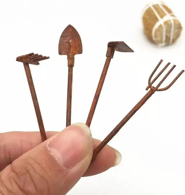 Alt view image 4 of 7 - 4 Pcs Miniature Dollhouse Garden Tools 1:12 Mini Rusty Shovel Hoe and Pitchfork Fairy Garden Accessories Furniture Ornaments Micro Landscape Decor Garden Sculptures Statues, Decorations