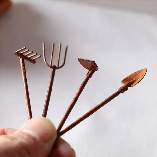 Alt view image 6 of 7 - 4 Pcs Miniature Dollhouse Garden Tools 1:12 Mini Rusty Shovel Hoe and Pitchfork Fairy Garden Accessories Furniture Ornaments Micro Landscape Decor Garden Sculptures Statues, Decorations