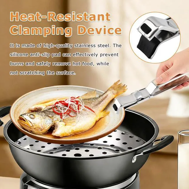 Alt view image 3 of 7 - Stainless Steel Hot Plate Gripper with Silicone Oven Mitts Anti-Scald Tongs | Multi-Angle Adjustable Clamp, 500°F Heat Resistant Non-Slip Kitchen Gripper for Steamer, Microwave, Air Fryer & Pizza Tray