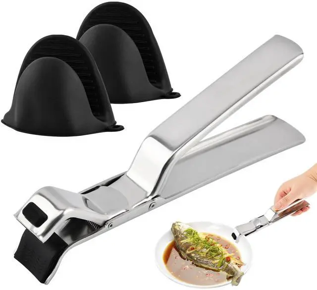 Main image of Stainless Steel Hot Plate Gripper with Silicone Oven Mitts Anti-Scald Tongs | Multi-Angle Adjustable Clamp, 500°F Heat Resistant Non-Slip Kitchen Gripper for Steamer, Microwave, Air Fryer & Pizza Tray