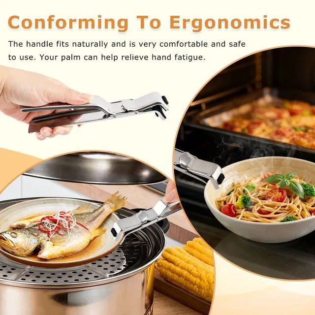 Alt view image 5 of 7 - Stainless Steel Hot Plate Gripper with Silicone Oven Mitts Anti-Scald Tongs | Multi-Angle Adjustable Clamp, 500°F Heat Resistant Non-Slip Kitchen Gripper for Steamer, Microwave, Air Fryer & Pizza Tray
