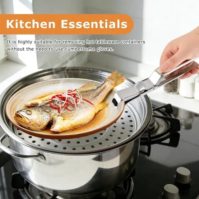 Alt view image 6 of 7 - Stainless Steel Hot Plate Gripper with Silicone Oven Mitts Anti-Scald Tongs | Multi-Angle Adjustable Clamp, 500°F Heat Resistant Non-Slip Kitchen Gripper for Steamer, Microwave, Air Fryer & Pizza Tray