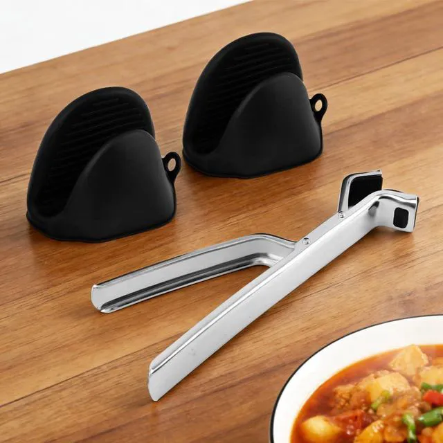 Alt view image 7 of 7 - Stainless Steel Hot Plate Gripper with Silicone Oven Mitts Anti-Scald Tongs | Multi-Angle Adjustable Clamp, 500°F Heat Resistant Non-Slip Kitchen Gripper for Steamer, Microwave, Air Fryer & Pizza Tray
