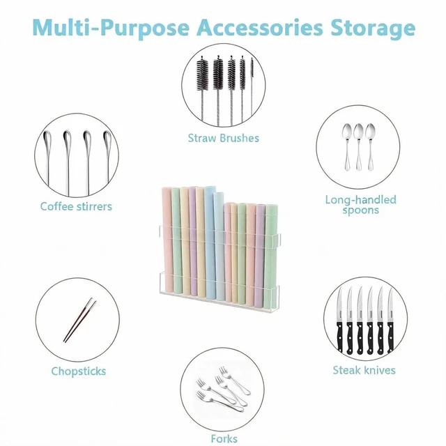 Alt view image 3 of 6 - 9.5 Large Acrylic Cabinet Straw & Utensil Organizer Adjustable, Multipurpose Kitchen Storage for Reusable Straws, Brushes, Chopsticks Ultra-Sticky & Drainable