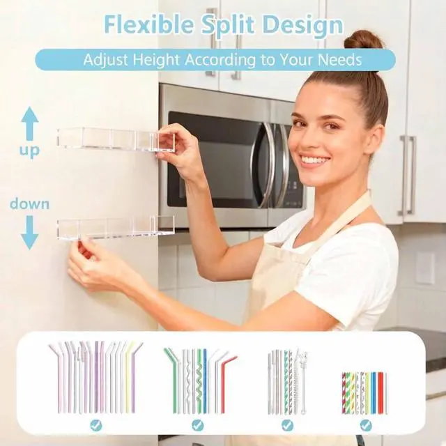 Alt view image 4 of 6 - 9.5 Large Acrylic Cabinet Straw & Utensil Organizer Adjustable, Multipurpose Kitchen Storage for Reusable Straws, Brushes, Chopsticks Ultra-Sticky & Drainable