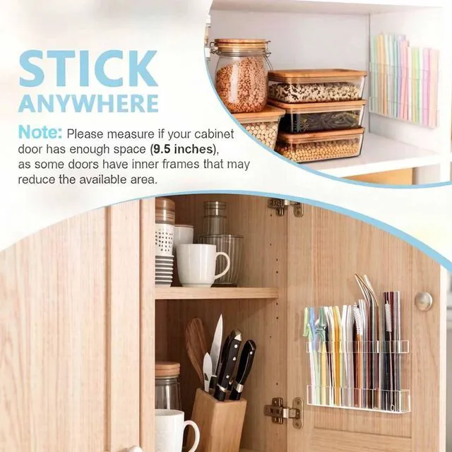Alt view image 5 of 6 - 9.5 Large Acrylic Cabinet Straw & Utensil Organizer Adjustable, Multipurpose Kitchen Storage for Reusable Straws, Brushes, Chopsticks Ultra-Sticky & Drainable