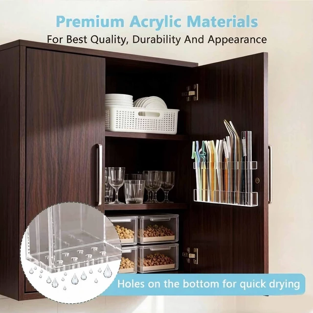 Alt view image 6 of 6 - 9.5 Large Acrylic Cabinet Straw & Utensil Organizer Adjustable, Multipurpose Kitchen Storage for Reusable Straws, Brushes, Chopsticks Ultra-Sticky & Drainable