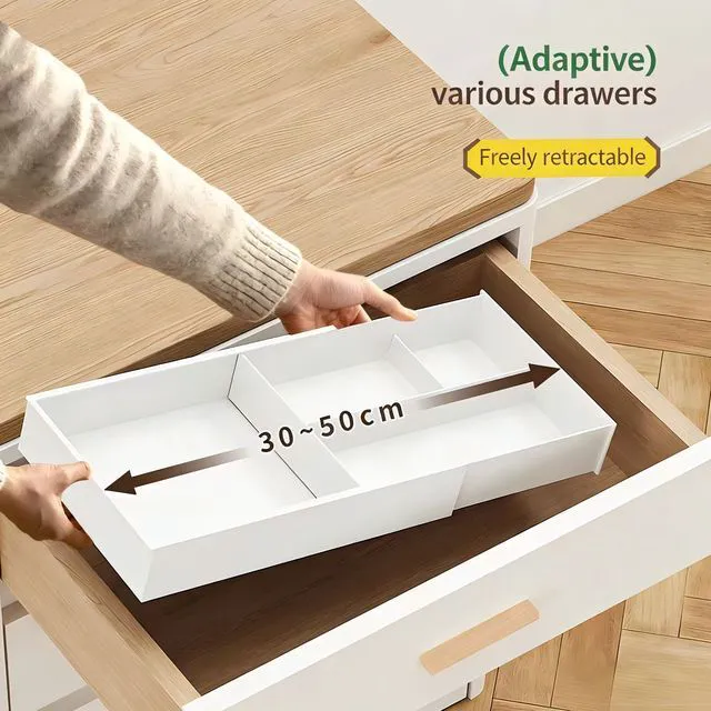 Alt view image 5 of 7 - Expandable Kitchen Drawer Organizer, Telescoping Cutlery Tray, White Adjustable Storage Box with Multiple Compartments for Utensils, Silverware, and Kitchen Tools