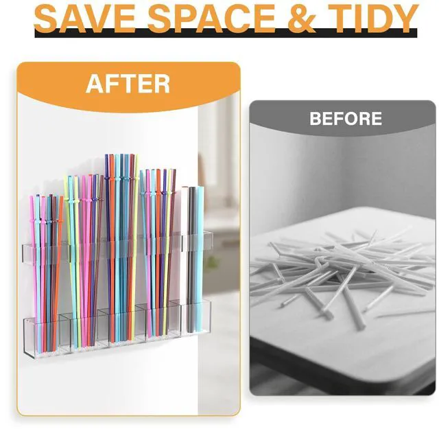Alt view image 2 of 7 - Straw Holder for Cabinet Door, Reusable Tumbler Straw Organizer Storage Container Mount for Kitchen Counter Cupboard Door (Transparent, 9.5inch)