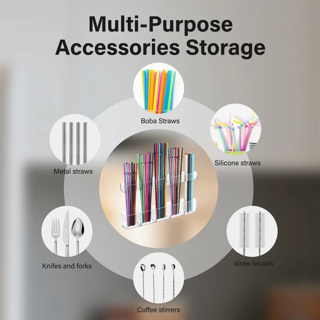 Alt view image 6 of 7 - Straw Holder for Cabinet Door, Reusable Tumbler Straw Organizer Storage Container Mount for Kitchen Counter Cupboard Door (Transparent, 9.5inch)