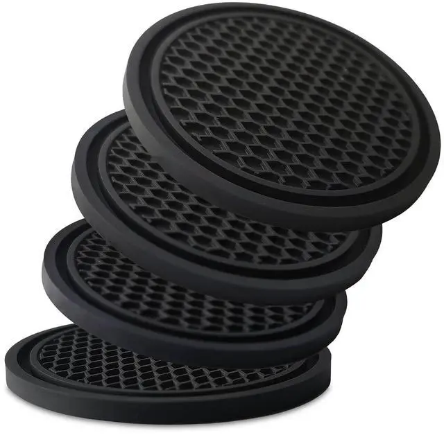 Main image of KULOLO 4-Pack Car Cup Holder Coasters - Non-Slip, 2.75-Inch, Black | Flexible PVC inserts; textured surface helps reduce rattles and catch drips; fits most vehicle cup holders; rinse clean
