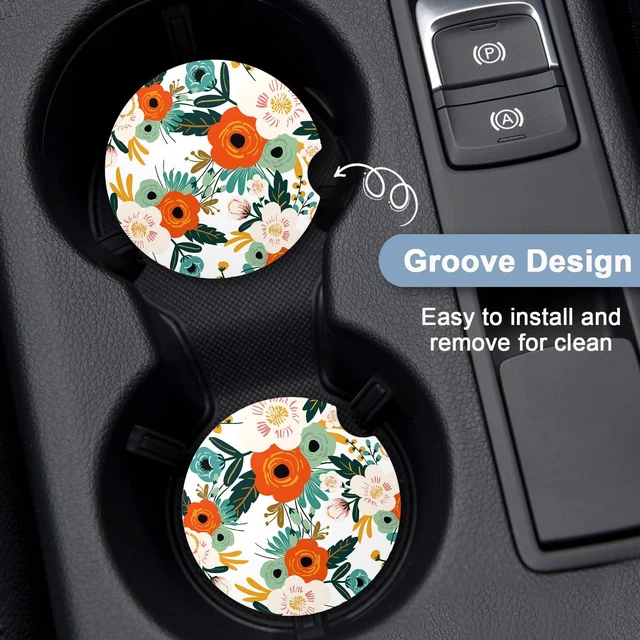 Alt view image 5 of 7 - Car Coaster for Cup Holders, 2 Pack Ceramic Car Cup Holder Coaster | 2 Pack Absorbent Ceramic Car Cup Holder Coaster, Cute Auto Assecories, Universal Size 2.56 in with Finger Notch & Cork Base