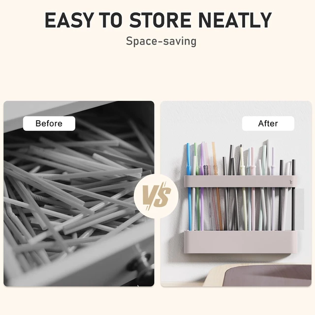 Alt view image 3 of 7 - Straw Holder, reusable straw storage rack, suitable for kitchen walls, counters, cabinet doors, refrigerator doors, etc (pink)