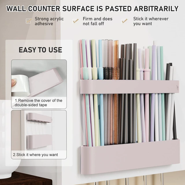 Alt view image 4 of 7 - Straw Holder, reusable straw storage rack, suitable for kitchen walls, counters, cabinet doors, refrigerator doors, etc (pink)