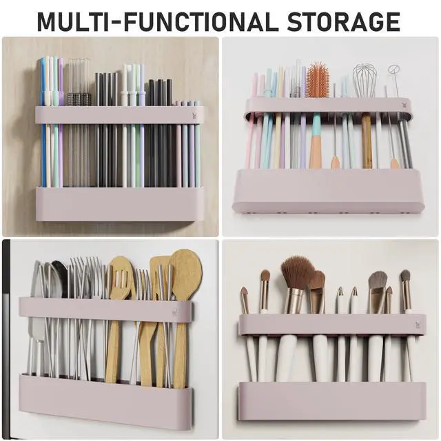 Alt view image 7 of 7 - Straw Holder, reusable straw storage rack, suitable for kitchen walls, counters, cabinet doors, refrigerator doors, etc (pink)