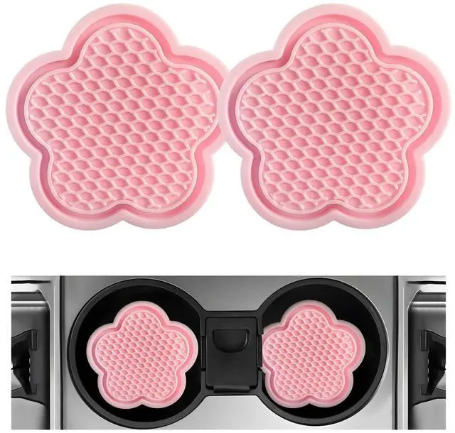 Main image of 2 PCS Car Cup Coasters, Cute Flower Shaped Car Cup Holder Mat, PVC Waterproof Anti Slip Vehicle Cup Holder Insert Coaster, Universal Car Interior Decor Accessories (Pink)