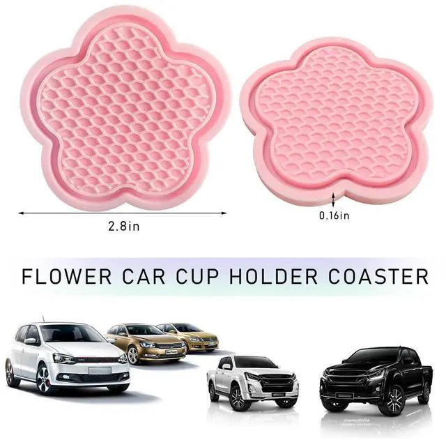 Alt view image 2 of 6 - 2 PCS Car Cup Coasters, Cute Flower Shaped Car Cup Holder Mat, PVC Waterproof Anti Slip Vehicle Cup Holder Insert Coaster, Universal Car Interior Decor Accessories (Pink)