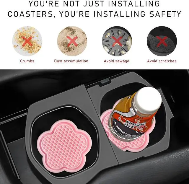 Alt view image 4 of 6 - 2 PCS Car Cup Coasters, Cute Flower Shaped Car Cup Holder Mat, PVC Waterproof Anti Slip Vehicle Cup Holder Insert Coaster, Universal Car Interior Decor Accessories (Pink)