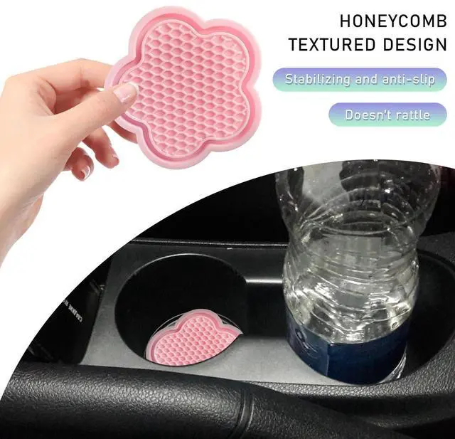 Alt view image 5 of 6 - 2 PCS Car Cup Coasters, Cute Flower Shaped Car Cup Holder Mat, PVC Waterproof Anti Slip Vehicle Cup Holder Insert Coaster, Universal Car Interior Decor Accessories (Pink)